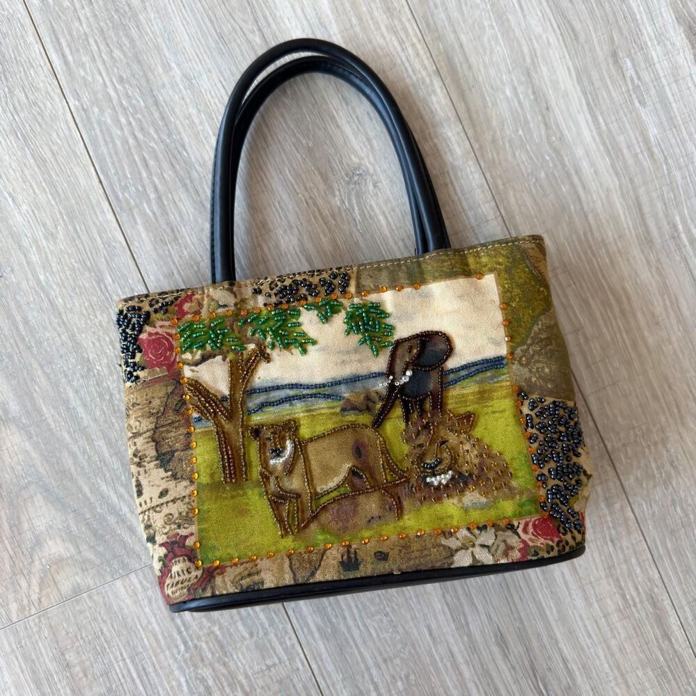 Vintage Y2K Beaded Safari Print Mini Handbag Bling Animals Purse Whimsy Zoo DAK